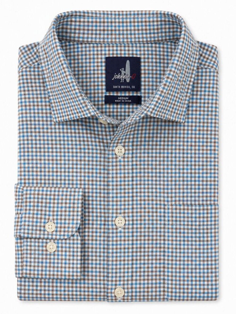 Johnnie-O Men’s Blue Brown Gingham Button Down Shirt | 100% Cotton | Medium
